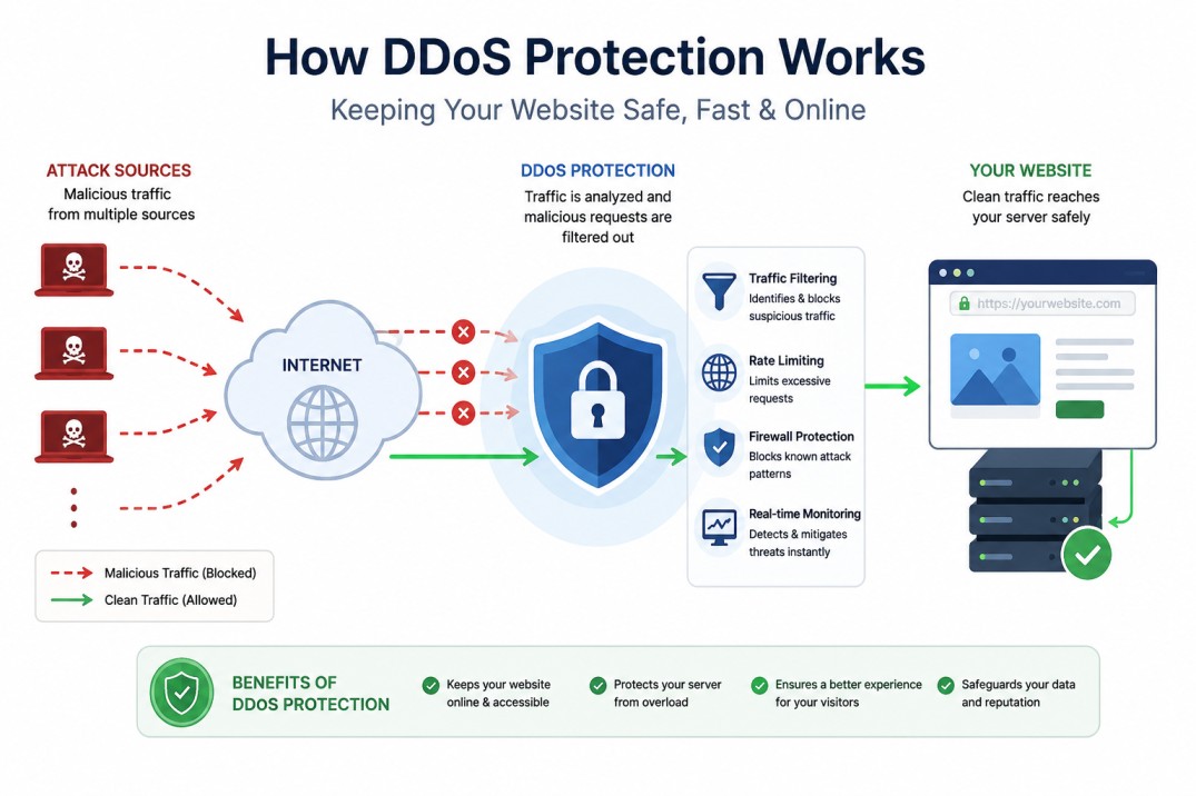 Diagram showing how a DDoS attack floods a website server with traffic